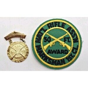 Vtg NRA Sharpshooter 50 FT Award Medal/Pin & Marksman Patch Nat'l Rifle Ass'n